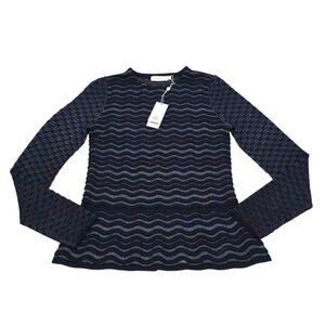 Tory Burch Women's Blue Shimmer Peplum Sweater Long Sleeve Wool Blend Size S NWT